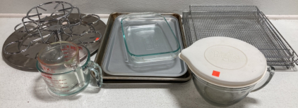 Cooling Racks, Cookie Sheets, Glass Measuring Bowls, Metal Spinning Server, Pyrex Baking Dish