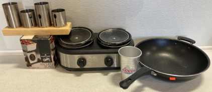 Kitchen Scale, Trū Double Slow Cooker, Wok, Coors Metal Cup, Silverware Holder