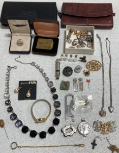 (2) Women&rsquo;s Wallets, Buffalo Coin Ring, Vintage Money Clip, Assorted Necklaces, Charms, and Pins