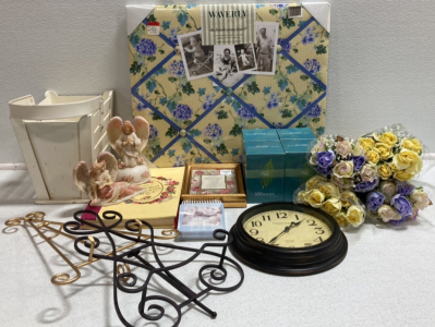 Memo Board, Artificial Roses, (4) Flameless Candles, Photo Albums, (2) Angel Figurines, (2) Metal Picture Stands, and more