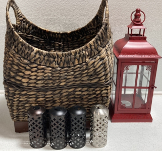 Wicker Basket on Stand, Red Lantern, (4) Metal Cylindrical Covers