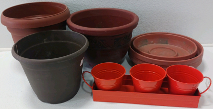 (3) Plastic Planters With Base (3) Smaller Metal Planters