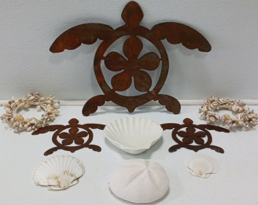 (3) Metal Turtles (5) Sea Shell Items (1) Sea Shell Soap Dish