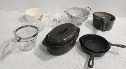Glass Pot, (2) Cast Iron Pans, (3) Glasses, Salt And Pepper Shakers, Candy Diah, Strainer And More