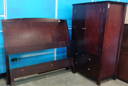 Wood Bed Frame And (2) Drawer Armoire