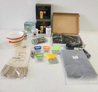 (2) Beer And Shot Glass Sets, Mason Jar Lids, Butter Dish, (2) Mugs, Tablecloth, Oven Mitt Sets And More