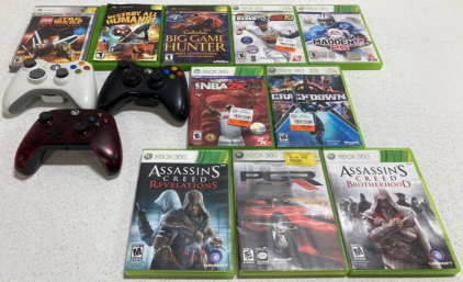 (3) Xbox Controllers, (10) Xbox Games