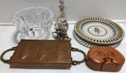 Crystal Glass Bowl, (2) Decorative Plates, Animal Puzzle Box, Silver Bird Salt/Pepper Shakers, Copper Fish Tray, Glass Bottle