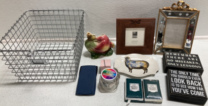Metal Basket, (2) Decorative Frames, Scented Band-Mood Watch, Playing Cards, Calculator, Sheep Decor Tray, (2) Inspirational Wood Blocks, Perfume, Apple Vase