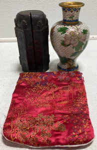 Cloisonn&eacute; Vase, Wood Prayer Diety, Small Bag