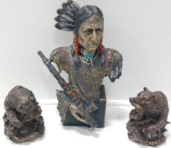 Native American Statue And Bear With Fish Book Ends