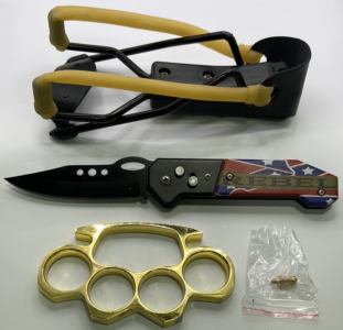 (1) Rebel Switchblade Knife W/ Safety Lock, (1) High Velocity Folding Knife, (1) Brass Toned Paperweight W/ Belt Buckle Attachment