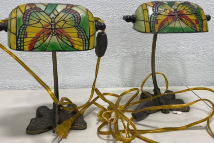 (2) Desk Lamp Banker Tiffany Style Butterfly Stained Glass Rainbow Multi Color
