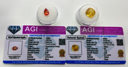 (1) 13.20ct Natural Spinel Cushion Cut, (1) 3.55ct Natural Padparadscha Pear Cut. Both With C.O.A.