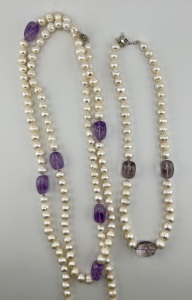 (2) Sterling Pearl & Amethyst Necklaces