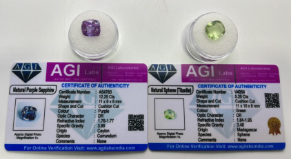 Certified Natural Gemstones (1) 12.25ct Natural Purple Sapphire Cushion Cut, (1) 5.20ct Natural Sphene (Titanite) . Both With C.O.A.