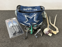 Cowboys Lunch Box (Missing Zipper), 4 Piece Steak Knife Set, Fishing Reels and Pair of Antlers
