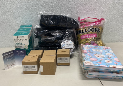 (4) 2023 Blue Flower Planners, (5) Japanese Yellow Leaf Mini Wind-Chimes, (1) Pack of Various Stickers, (1) FAKE Nose ring With a Opal Bead, (3) bSerene Calming Diffuser Kits, and more!