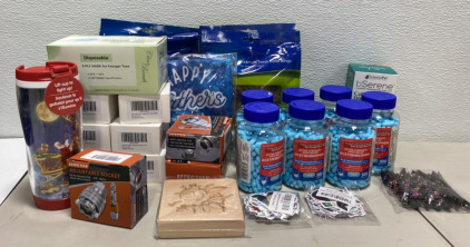 (7) Bottles of Acetaminophen PM, (6) Pairs of Green Sterling Silver Dangle Earrings, (1) Light up Santa Cup, (4) Bags of Dog PB Treat Ring Refills, and lots more!