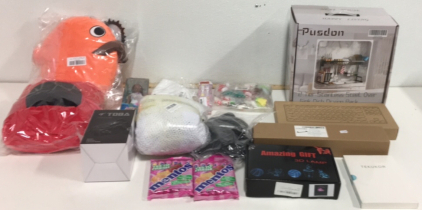 (1) 3D Illusion Lamp (1) Tekukor A5 Notebook Cover (1) RGB Mechanical Gaming Keyboard (1) 7-Person Soccer Accuracy Training Set (10) Packs Of Fruit Mentos (1) Toba Bike Pedal Adapters and More!!