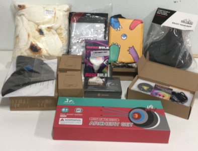 (2) Oukya Aroma Diffusers (1) Light Up Archery Set (1) Music Bulb LED Light Bulb (1) Pokemon Card binder (1) Burrito Plush Blanket And Much More!!