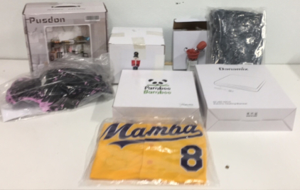 (1) Kobe Bryant Mamba Jersey Mens Small (1) Summitlink Compatible VW Bug Rv Car Body And Stickers (1) Pamboo Bamboo Bag Storage Organizer (1) 12 Foot Tall Inflatable Nutcracker Lawn Decoration and More!!