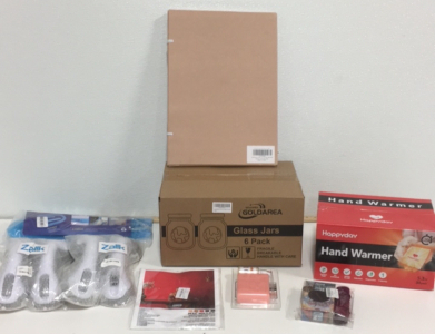 (6) Goldarea Glass Jars (2) Zalik Suction Shower Bar Sets (5) Max Miller Cd Covers Wall Decor (1) Case Of Happyday Hand Warmers and More!!