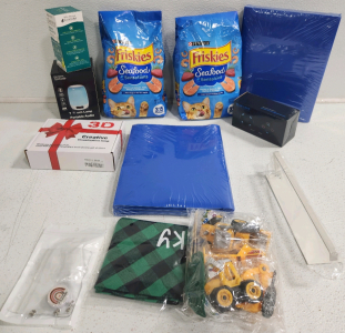 (2) Friskies Bags Of Catfood, 3D Lamp, Touch Lamp, Calming Diffuser For Cats, (2) Blue Folders, Toy Trucks And More