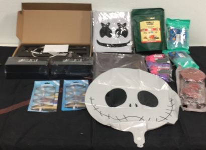 (10) Nightmare Before Christmas Jack Skellington Ballons (24) Stainless Steel Table Cloth Clips (1) Dj LED Music Festival Mask (1) Wind Chime Set (1) Pokemon Card Binder With (50) Sleeve Pages and Everything Else Pictured!!