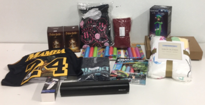 (2) High Quality Life Throw Blankets (1) Chalk Alive 4K Interactive Chalk Art (1) Goosh Alien Costume (1) Kobe Bryant Jersey Size Small (1) Dolby Audio Soundbar And Much More!!