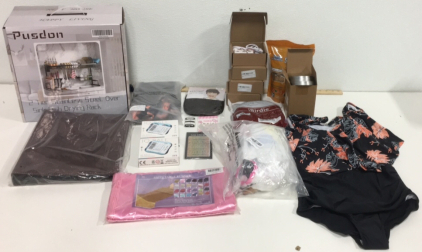 (1) Pusdon 2-Tier Stainless Steel Over Sink Dish Drying Rack (2) Maranavida Bikinis Size Medium (1) Inflatable Unicorn Toy (100) Mason Jar Canning Lids (4) Sets Of LED Lights For Vanity And more!!