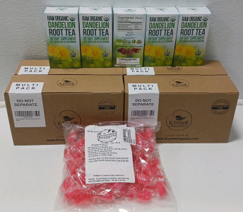 (25) Boxes Dandelion Tea And Bag Of Strawberry Barrels