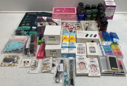 Soak Off Gel Nail Tips, Various Supplements, Clay Face Masks, Fake Nails, Various Jewelry, Toothpaste, Fake Lashes, Knee Sleeves, and more