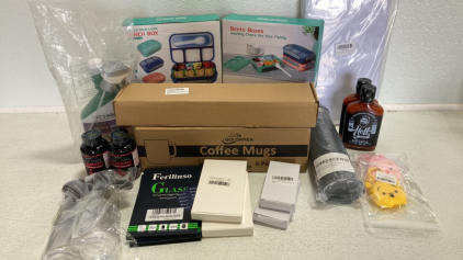 (2) Bento Boxes, Glass Coffee Mugs, Magnetic Spice Shelf, Flea/Tick Cat Spray, Hoff Hot Sauce, Cooking Oil Sprayers and more