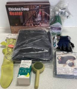 (2) Chicken Coop Heaters, (2) Flea/Tick Spray for Cats, (2) Litter Mats, Grooming Gloves, Dog Bath Towel, Dog Toy, Cat Calming Diffuser, Pet Brush, (2) Collars