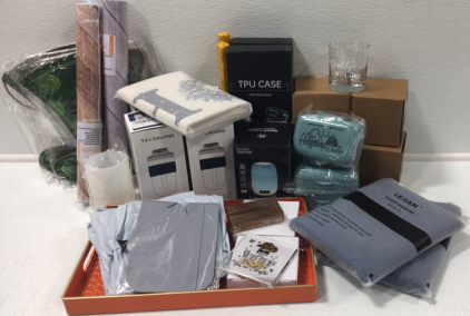 (1) Orange Decorative Tray (5)Whiskey Glasses (4) Glass Coffee Cups (7) Silicone Faucet Splash Guards (2) Set of 12 Cloth Napkins (1) Portable Speaker&hellip;. And More