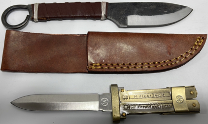 (1) Hand Made Carbon Steel Wrought Iron Drop Point Knife 4&rdquo; Blade, (1) German Marked Scissor Action Paratroopers Knife W/ German Inscriptions On Blade And Handle