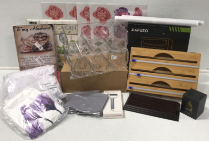 (2) 2pc Plastic Stackable Cabinet (1) 3 in 1 Wrap Organizer (1) Coin Display Case (1) Plastic Bag Organizer (4) Floral Rub On Transfers &hellip; and More