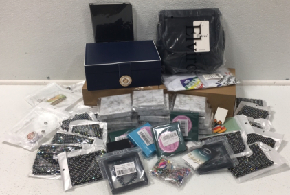 (1) Travel Cosmetics Case (3) Blue Jewelry Boxes (13) White Pearl Earrings (15) Rhinestone Masks (2) Green Tiger Eye Bracelet&hellip; and More