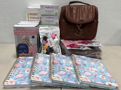 (4) 2023 Planners, (2) Toiletry Bags, (5) Boxes of Skin Barrier Cream, (3) Headache/Migraine Relief Hats, (1) Magnetized Storage Box AND Some Extra Surprises!