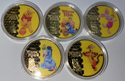 (5) Disney Winnie The Pooh & Friends Gold Plated Collectible Coins