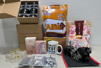 (1) 40 piece Sensory Treasure Box, (1) Ice Face Roller, (1) Lactation Massager, (1) Ring Holder, Pet Clothing, (4) Boxes Containing 10 3oz Black Tins