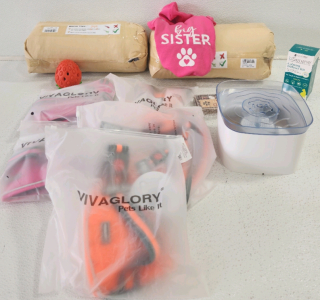 (5) Pet Harness, (2) Pet Seats, Pet Fountain, Cat Calming Diffuser Kit, Dog Sign, Chew Toy, Dog Sweater