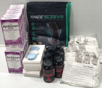 (6) Knee Sleeves (10) Face Masks- packages of 5 (6) Night Time Fat Burner (18) Perimenopause Relief (5) Travel Soaps -4 boxes of 200 sheets
