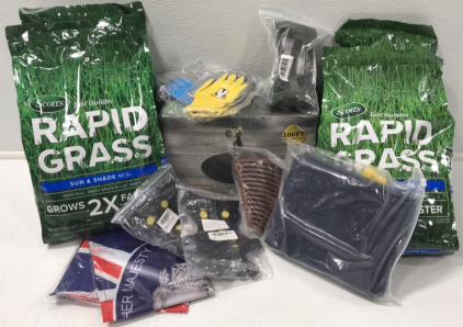 (4) Scott&rsquo;s Grass Seed and Fertilizer 5lb bag (1) 100ft Watering Hose (2) 12x18&rdquo; Garden Flags (1) Plant Pot Grid .. and more