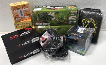 (2) Dino Party Truck Toys (3) 3D LED Illusion Lamp (2) Pok&eacute;mon Card Binders (1) 3pk RC Flying Ball Toy &hellip; and More