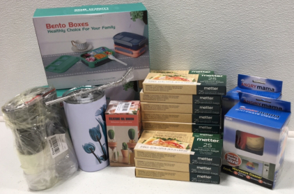(18) 25 Compostable Sandwich Bags (2) Angry Mama Microwave Cleaner (2) Four Layered Lunchboxes (1) Silicone Oil Brush (1) Oil Sprayer (1) Tumbler w/Straw and Brush