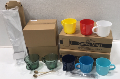 (4) Kitchen Shelves (2) Glass Coffee Mug- set of 2 (3) 6 Multi Colored Coffh Mugs