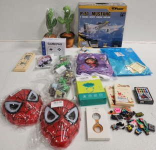 Mustang Remote Control Airplane, (2) Cactus, (2) Spiderman Masks, (3) Minecraft Toys,Gamepad And More