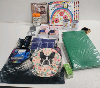 (3) Calenders, Mouse Pad, Stick Masks, Green Plastic Folders, Headache Relief Hat, Wall Sticks, (2) Tumbler Cups And More